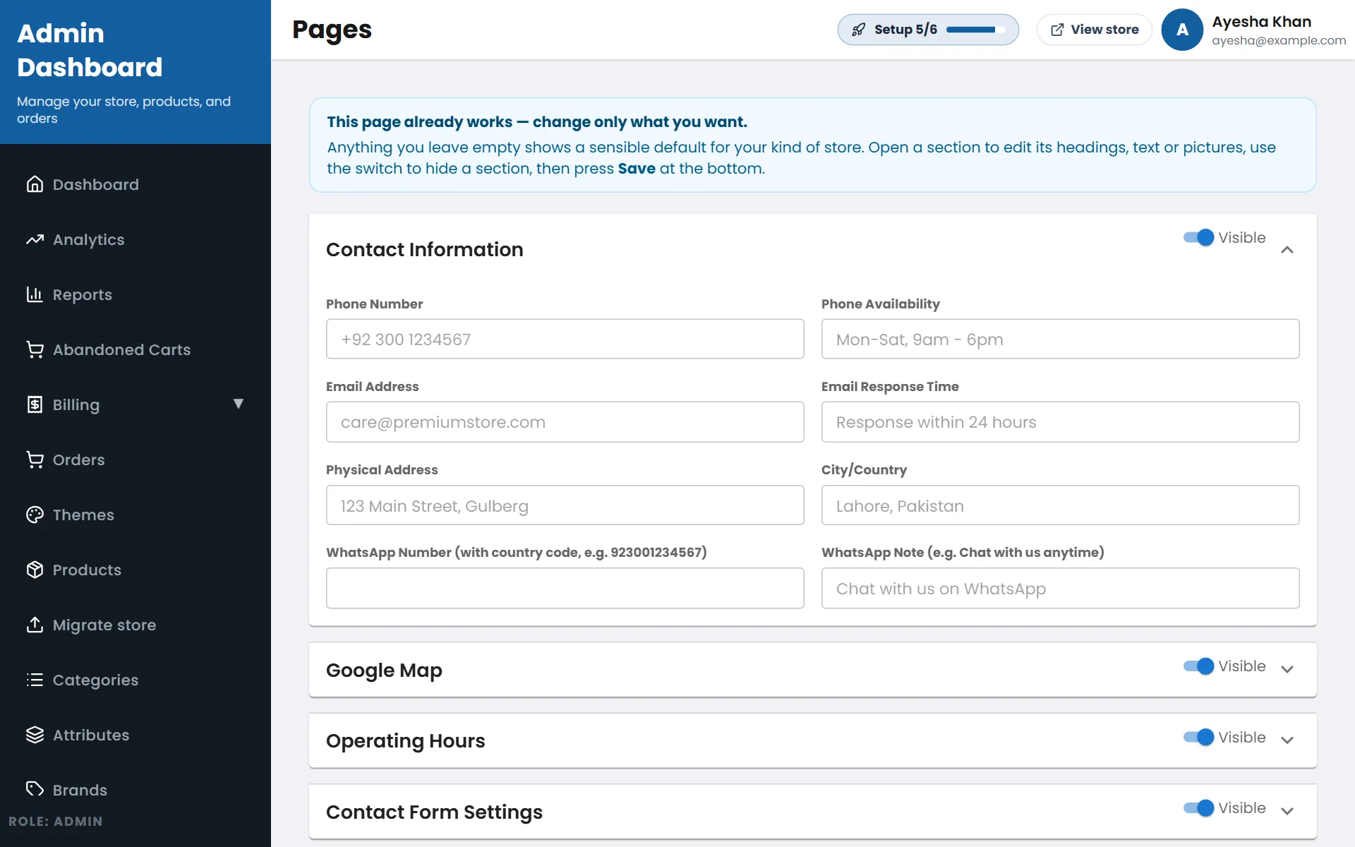 Contact page settings