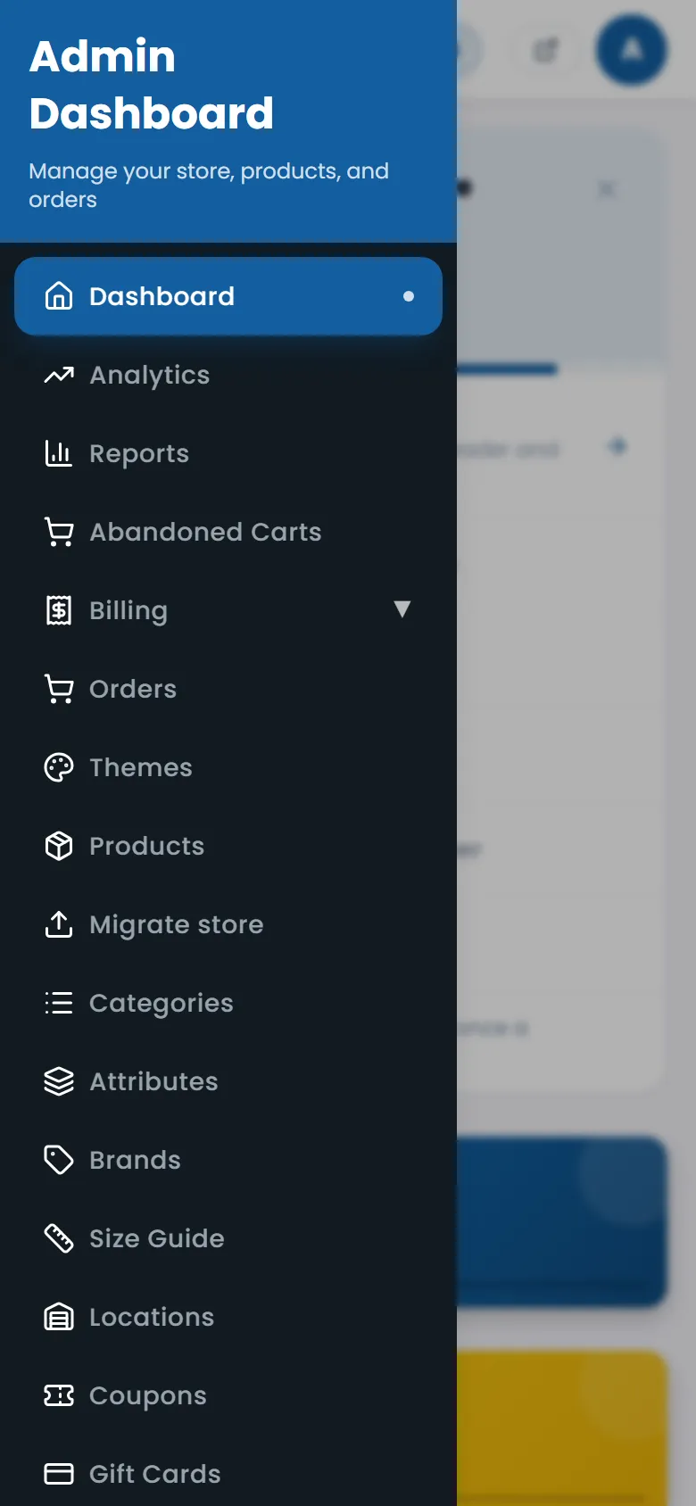 The dashboard menu on a phone
