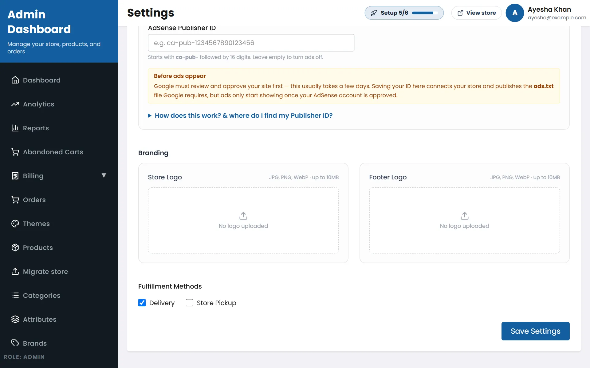 Store Settings — upload your logo