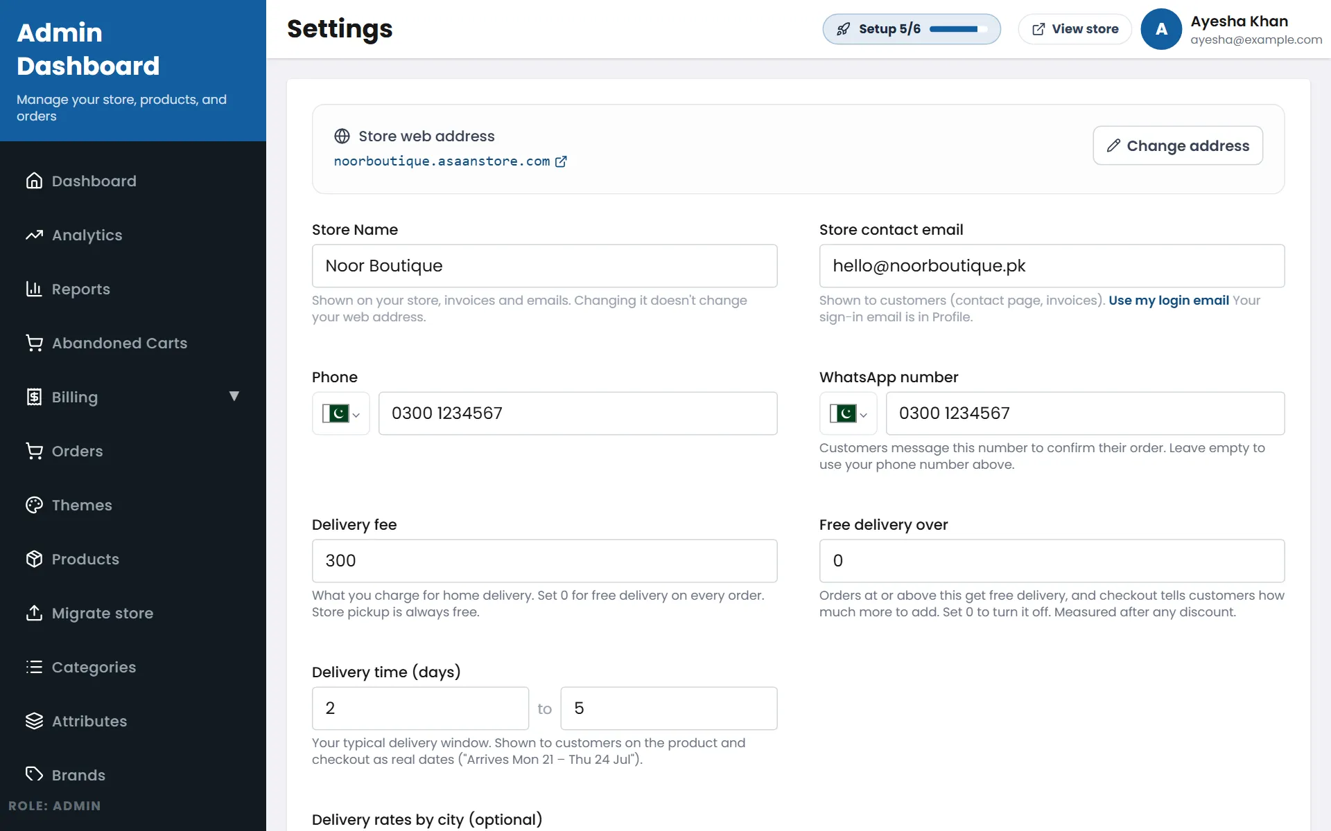 Store Settings — name, contact email, phone and WhatsApp