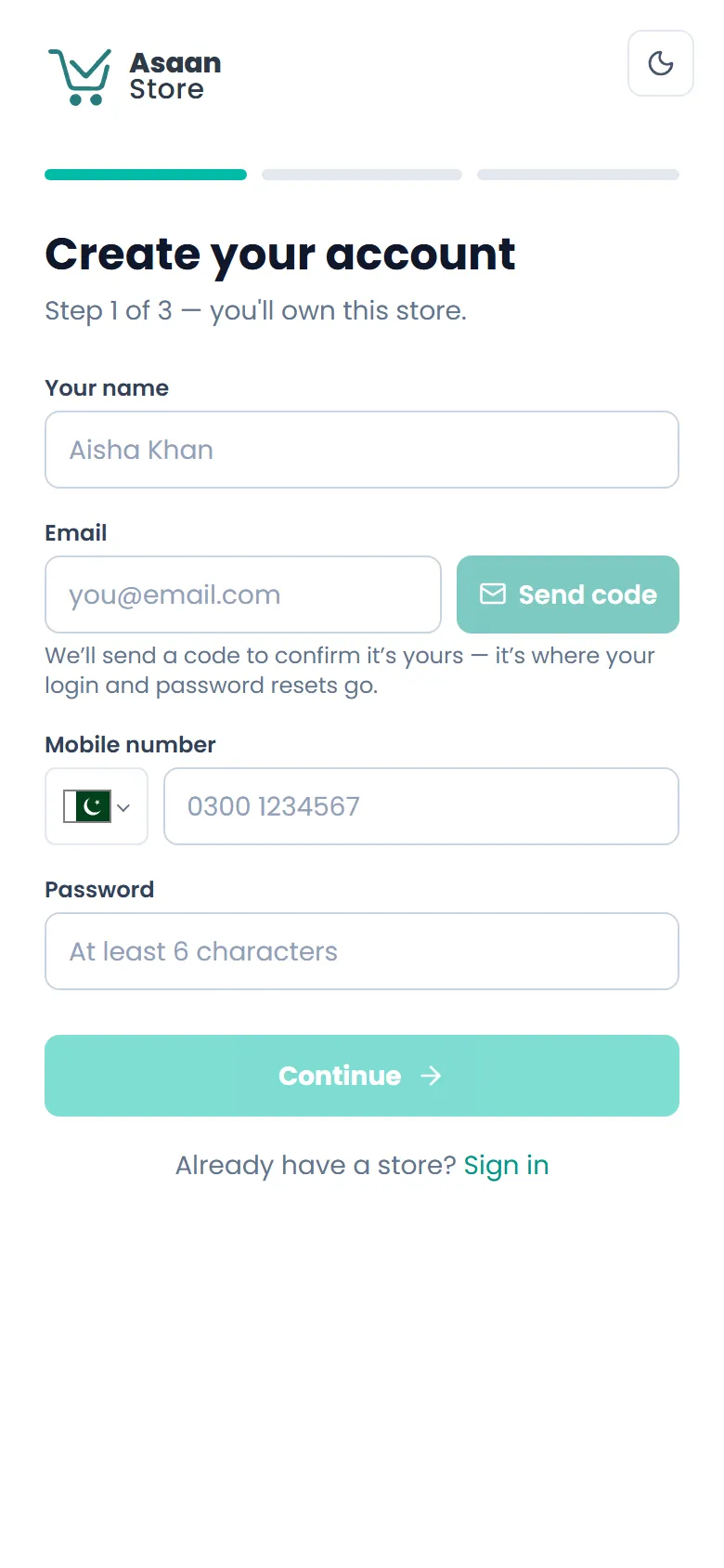 The AsaanStore sign-up form on a phone