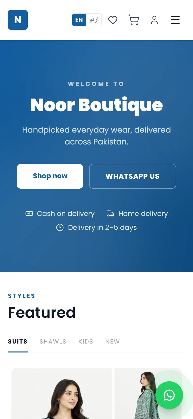 A store's home page on a phone